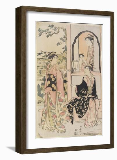 Four Women in Mitate as Ushiwaka Serenading Jo-Ruri-Hime, 1785-Torii Kiyonaga-Framed Giclee Print