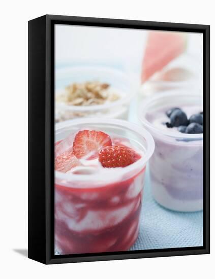 Four Yoghurts with Berries, Cereal and Watermelon-null-Framed Stretched Canvas