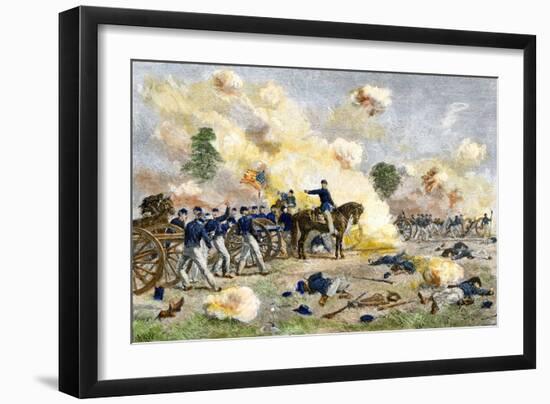 Fourth U.S. Artillery under Lt. Bayard Wilkeson during the Battle of Gettysburg, c.1863-null-Framed Giclee Print