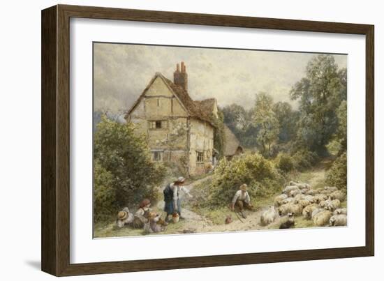 Fowl House Farm, Witley, with Children, a Shepherd and a Flock of Sheep Nearby-Myles Birket Foster-Framed Giclee Print