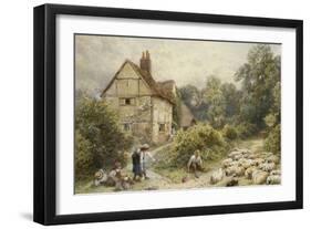 Fowl House Farm, Witley, with Children, a Shepherd and a Flock of Sheep Nearby-Myles Birket Foster-Framed Giclee Print