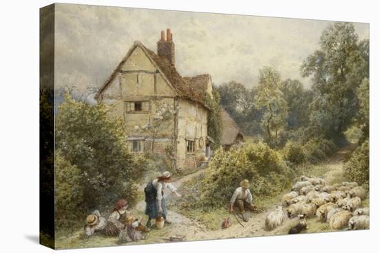 Fowl House Farm, Witley, with Children, a Shepherd and a Flock of Sheep Nearby-Myles Birket Foster-Stretched Canvas