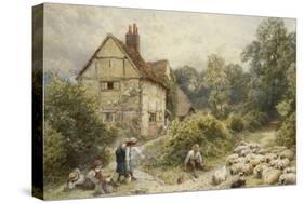 Fowl House Farm, Witley, with Children, a Shepherd and a Flock of Sheep Nearby-Myles Birket Foster-Stretched Canvas