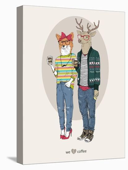 Fox Girl and Deer Boy Hipsters-Olga Angellos-Stretched Canvas