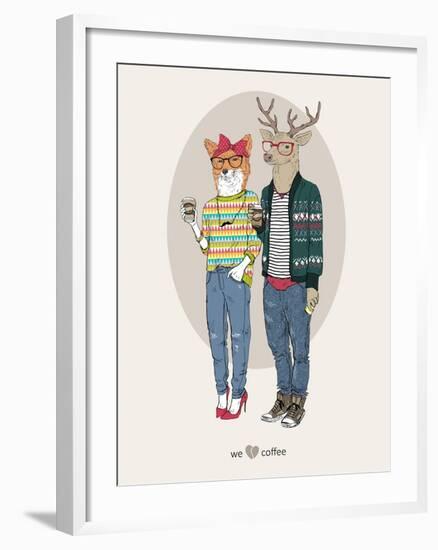 Fox Girl and Deer Boy Hipsters-Olga Angellos-Framed Art Print