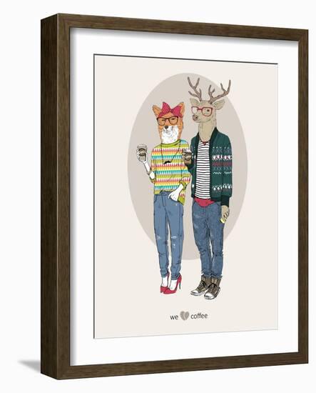 Fox Girl and Deer Boy Hipsters-Olga Angellos-Framed Art Print