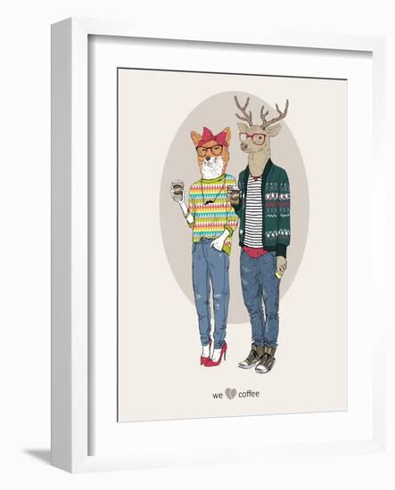 Fox Girl and Deer Boy Hipsters-Olga Angellos-Framed Art Print