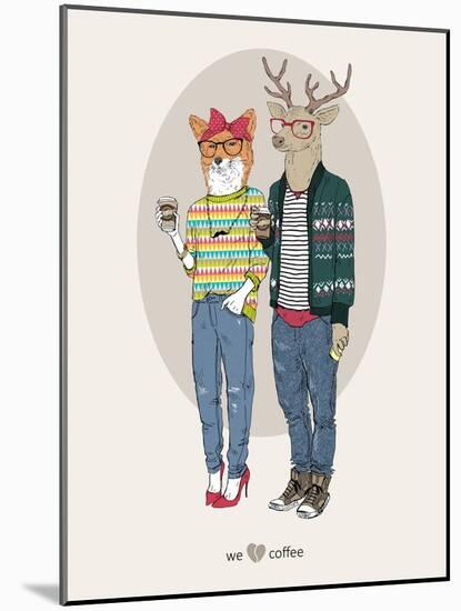 Fox Girl and Deer Boy Hipsters-Olga Angellos-Mounted Art Print