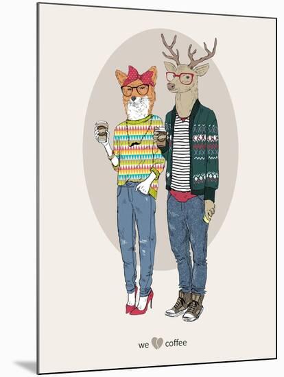 Fox Girl and Deer Boy Hipsters-Olga Angellos-Mounted Art Print