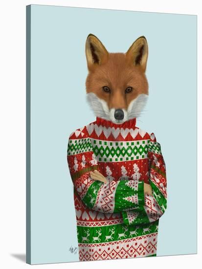 Fox in Christmas Sweater-Fab Funky-Stretched Canvas