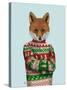 Fox in Christmas Sweater-Fab Funky-Stretched Canvas