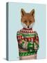Fox in Christmas Sweater-Fab Funky-Stretched Canvas