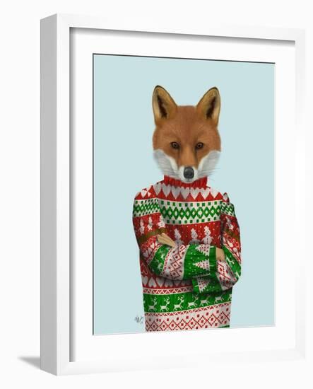 Fox in Christmas Sweater-Fab Funky-Framed Art Print