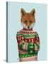 Fox in Christmas Sweater-Fab Funky-Stretched Canvas