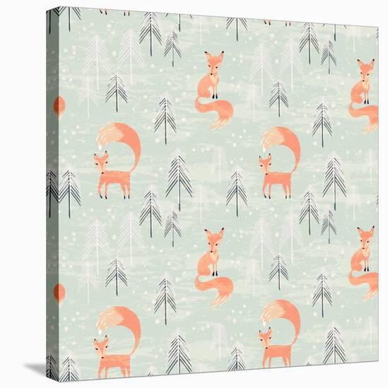 Fox in Winter Pine Forest. Seamless Pattern with Hand Drawn Design for Christmas and New Year Greet-Lidiebug-Stretched Canvas