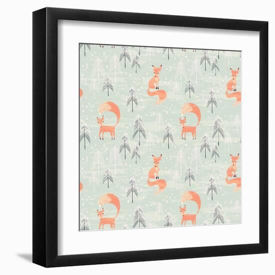 Fox in Winter Pine Forest. Seamless Pattern with Hand Drawn Design for Christmas and New Year Greet-Lidiebug-Framed Art Print