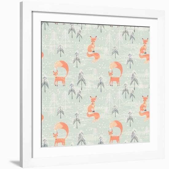 Fox in Winter Pine Forest. Seamless Pattern with Hand Drawn Design for Christmas and New Year Greet-Lidiebug-Framed Art Print