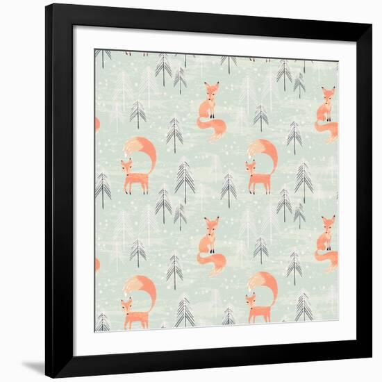 Fox in Winter Pine Forest. Seamless Pattern with Hand Drawn Design for Christmas and New Year Greet-Lidiebug-Framed Art Print