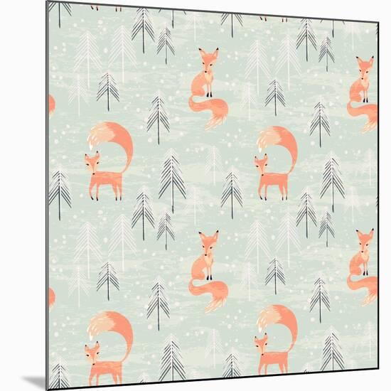 Fox in Winter Pine Forest. Seamless Pattern with Hand Drawn Design for Christmas and New Year Greet-Lidiebug-Mounted Art Print