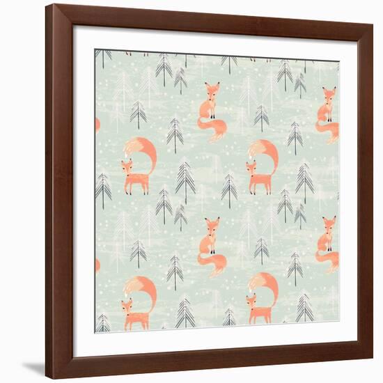 Fox in Winter Pine Forest. Seamless Pattern with Hand Drawn Design for Christmas and New Year Greet-Lidiebug-Framed Art Print