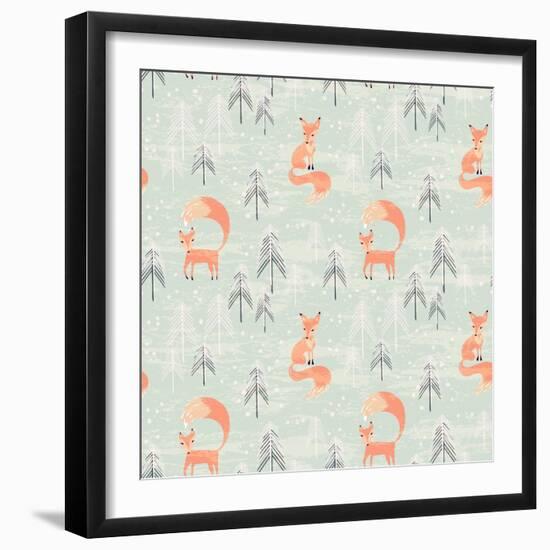 Fox in Winter Pine Forest. Seamless Pattern with Hand Drawn Design for Christmas and New Year Greet-Lidiebug-Framed Art Print