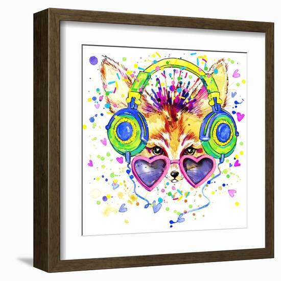 Fox T-Shirt Graphics. Fox Illustration with Splash Watercolor Textured Background. Un-Dabrynina Alena-Framed Art Print