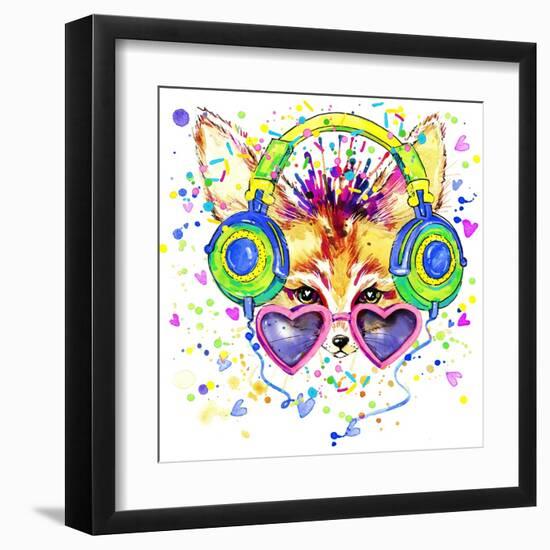 Fox T-Shirt Graphics. Fox Illustration with Splash Watercolor Textured Background. Un-Dabrynina Alena-Framed Art Print