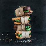 Cured Chicken and Spinach Whole Grain Sandwich Tower with Spices and Black Stone Background-Foxys Forest Manufacture-Photographic Print