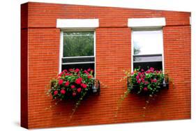 Fragment of a Red Brick House in Boston Historical North End with Wrought Iron Flower Boxes-elenathewise-Stretched Canvas