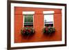 Fragment of a Red Brick House in Boston Historical North End with Wrought Iron Flower Boxes-elenathewise-Framed Photographic Print