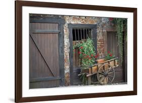 France, Alsace, Colmar. Rustic wooden wagon draped with plants.-Janis Miglavs-Framed Premium Photographic Print