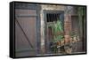 France, Alsace, Colmar. Rustic wooden wagon draped with plants.-Janis Miglavs-Framed Stretched Canvas