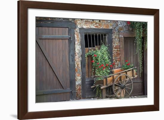 France, Alsace, Colmar. Rustic wooden wagon draped with plants.-Janis Miglavs-Framed Photographic Print