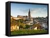 France, Aquitaine Region, Gironde Department, St-Emilion, Wine Town, Town View with Eglise Monolith-Walter Bibikow-Framed Stretched Canvas