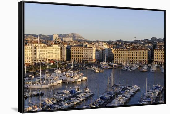 France, Bouches Du Rhone, Marseille. Overlooking Vieux Port with Boats-Kevin Oke-Framed Stretched Canvas