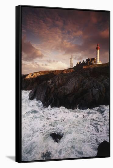 France, Brittany, Finistere, Saint-Mathieu. Lighthouse at Dawn-Walter Bibikow-Framed Stretched Canvas