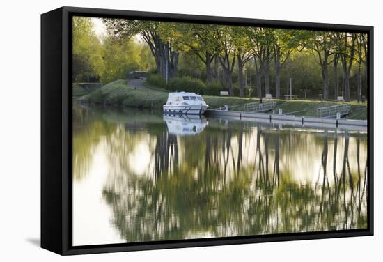 France, Burgundy, Nievre, Cercy La Tour. Canal Boat at the Dock-Kevin Oke-Framed Stretched Canvas