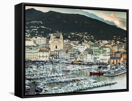 France, Corsica, Haute-Corse Department, Le Cap Corse, Bastia, Elevated View of the Old Port, Dusk-Walter Bibikow-Framed Stretched Canvas