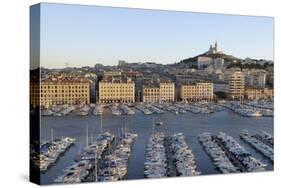 France, Marseille. Vieux Port with Basilique Notre Dame De La Garde-Kevin Oke-Stretched Canvas
