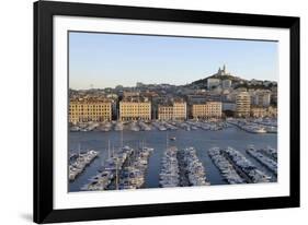 France, Marseille. Vieux Port with Basilique Notre Dame De La Garde-Kevin Oke-Framed Photographic Print