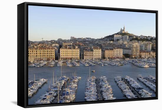 France, Marseille. Vieux Port with Basilique Notre Dame De La Garde-Kevin Oke-Framed Stretched Canvas