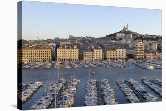 France, Marseille. Vieux Port with Basilique Notre Dame De La Garde-Kevin Oke-Stretched Canvas