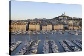 France, Marseille. Vieux Port with Basilique Notre Dame De La Garde-Kevin Oke-Stretched Canvas