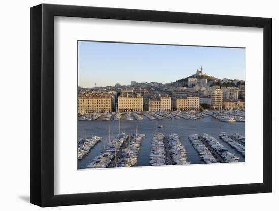 France, Marseille. Vieux Port with Basilique Notre Dame De La Garde-Kevin Oke-Framed Photographic Print