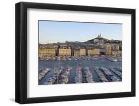 France, Marseille. Vieux Port with Basilique Notre Dame De La Garde-Kevin Oke-Framed Photographic Print