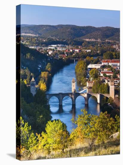 France, Midi-Pyrenees Region, Lot Department, Cahors, Pont Valentre, Midieval Bridge, Lot River-Walter Bibikow-Stretched Canvas