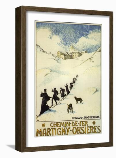 France - Monks Skiing atop the Great St. Bernard Pass Railroad Poster-Lantern Press-Framed Art Print