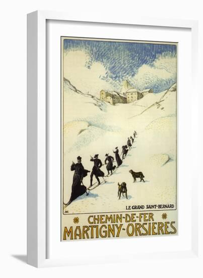 France - Monks Skiing atop the Great St. Bernard Pass Railroad Poster-Lantern Press-Framed Art Print