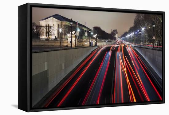 France, Paris, Louvre, Quai Des Tuileries, Street Scene, Light Tracks, Night-Rainer Mirau-Framed Stretched Canvas