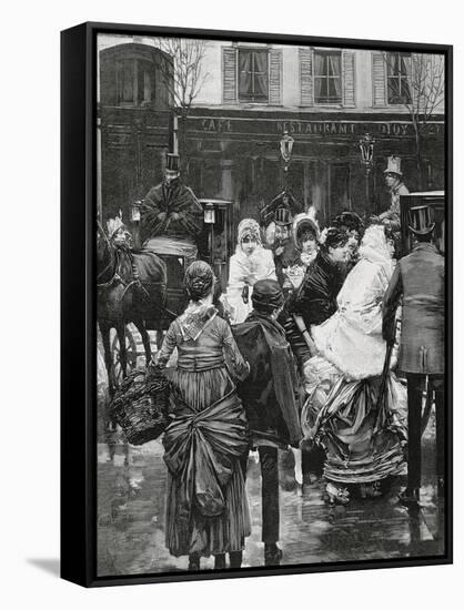 France. Paris. Street Scene. Bourgeois Family Boarding a Horse Carriage., 1864-null-Framed Stretched Canvas